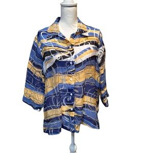 Allison Daley Blue and Yellow Button Down Abstract Blouse‎ size XL petite